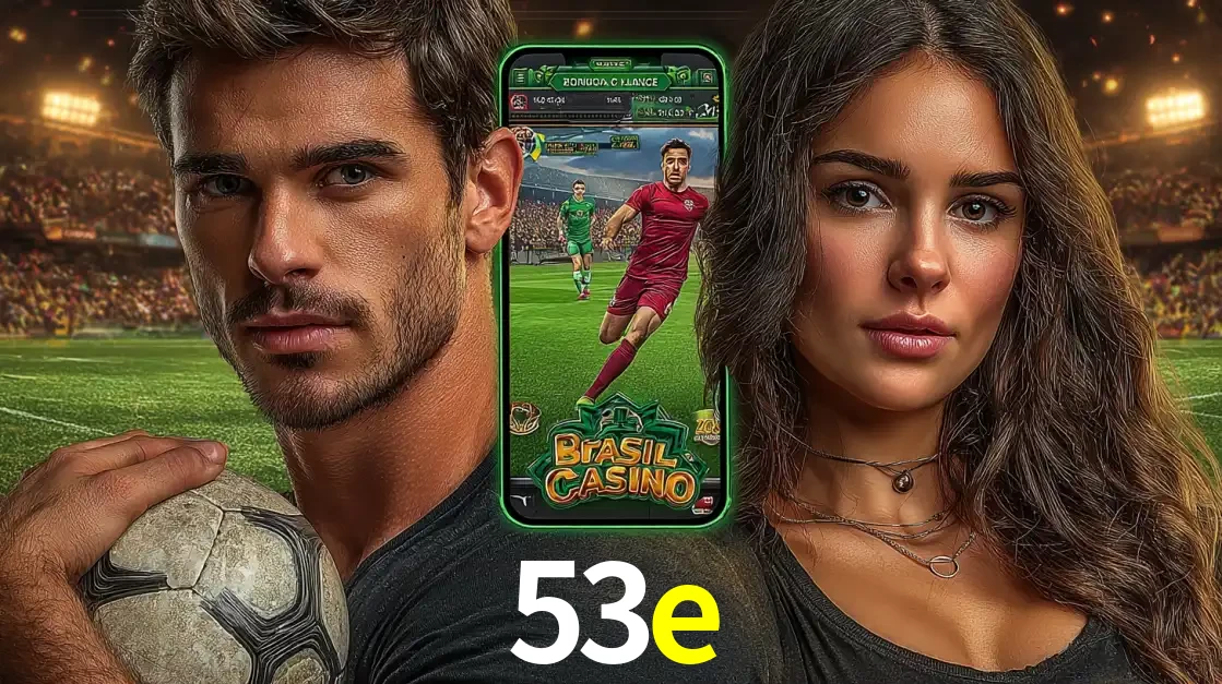 Homem segurando uma bola de futebol e uma mulher ao lado de um smartphone exibindo o jogo de apostas esportivas da 53e. Faça seu palpite no cassino online.